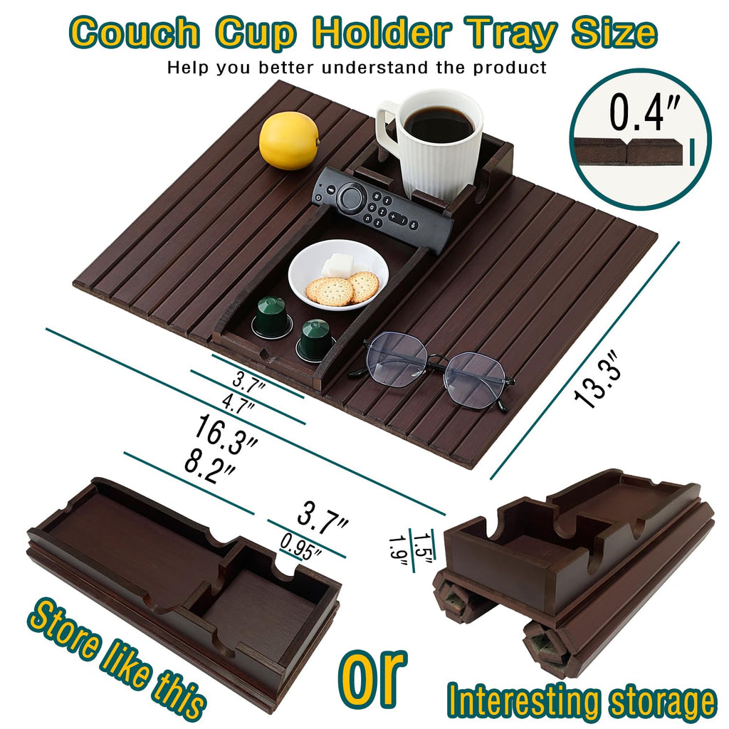 HNLISA Bamboo Couch Cup Holder Arm Tray Table，Foldable Couch Drink Holder Armrest Table，Sofa Arm Rest Tray，Flexible Arm Chair Table Recliners for Drink,Cups, Snacks, Phone, Remote (Mahogany)