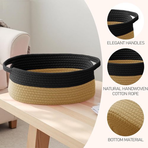 JMvicyroam Woven Storage Baskets - Small Rope Bins with Handles for Organizing Shelves | Black & Jute, 3-Pack