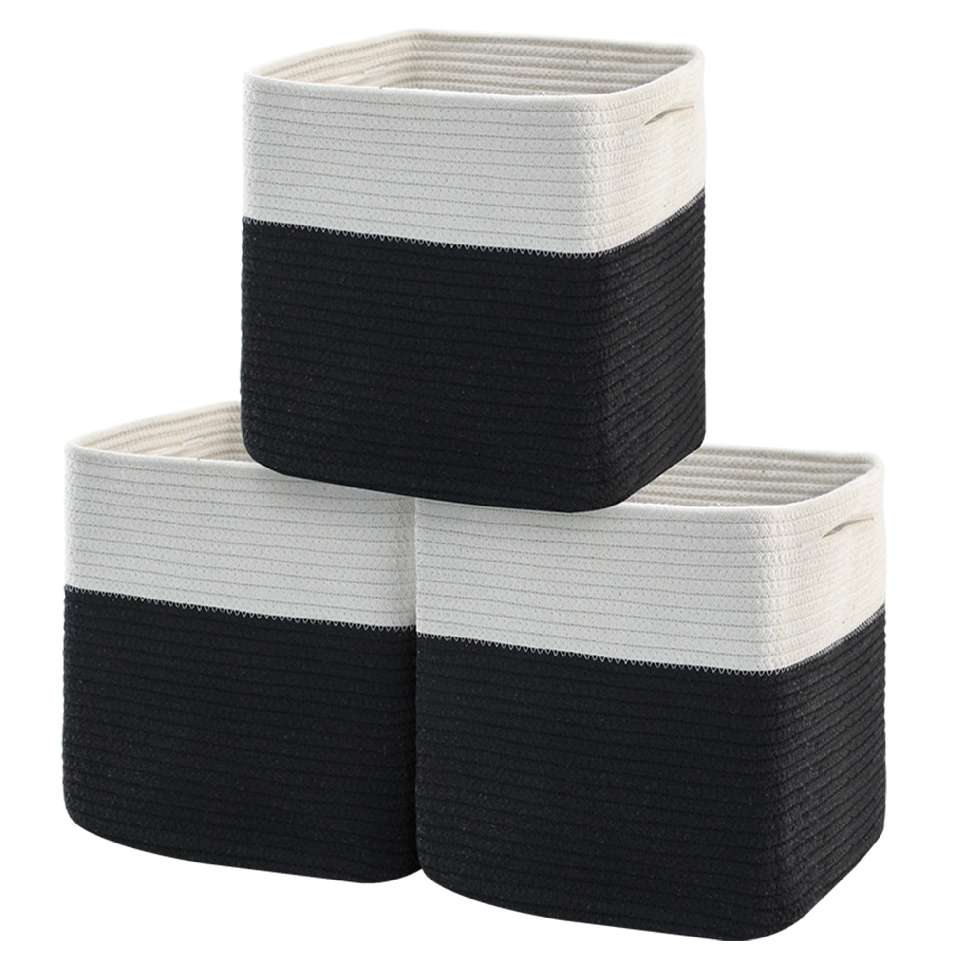 MEGASKET 3 Pack Cube Storage Bin, 11 Inch Cotton Rope Baskets for Organizing, Woven Fabric Kids Toy Bin Box, Baby Nursery Cube Storage Organizer, Decorative Cute Black Wicker Square Basket for Shelves