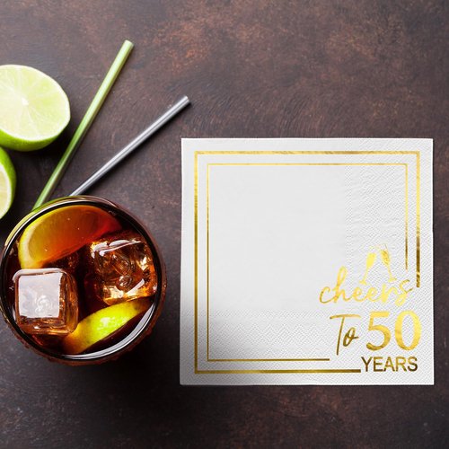 Horaldaily 50 Pack Cheers to 50 Years Cocktail Napkins, 5x5 Inches White and Gold Foil Birthday Decorations Paper Napkins for Party Anniversary Lunch Dinner