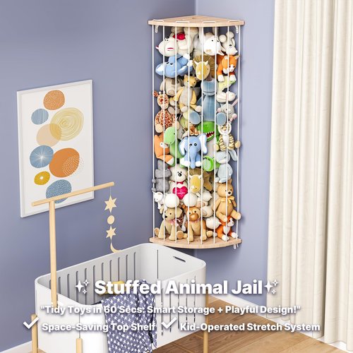 Zayysoha Corner Stuffed Animal Storage Zoo – Adjustable Natural Solid Wood Toy Organizer & Teddy Bear Holder – Large Wall Plushie Cage Shelf with Reinforced Star & Moon Cutouts for Nursery Kids Room