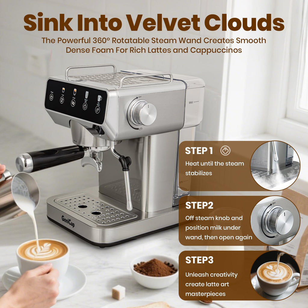 GeniCup Expresso Coffee Machines with Touchscreen 20 Bar Professional Espresso Maker with Milk Frother & Hot Water, Stainless Steel Coffee Maker for Latte Americano, Cappuccino Machine for Home Office