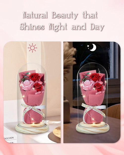 HVY Preserved Flowers Bouquet with Red and Pink Roses in Glass Dome, Perfect for Valentines Day, Anniversary, Birthday, Mothers Day or Christmas