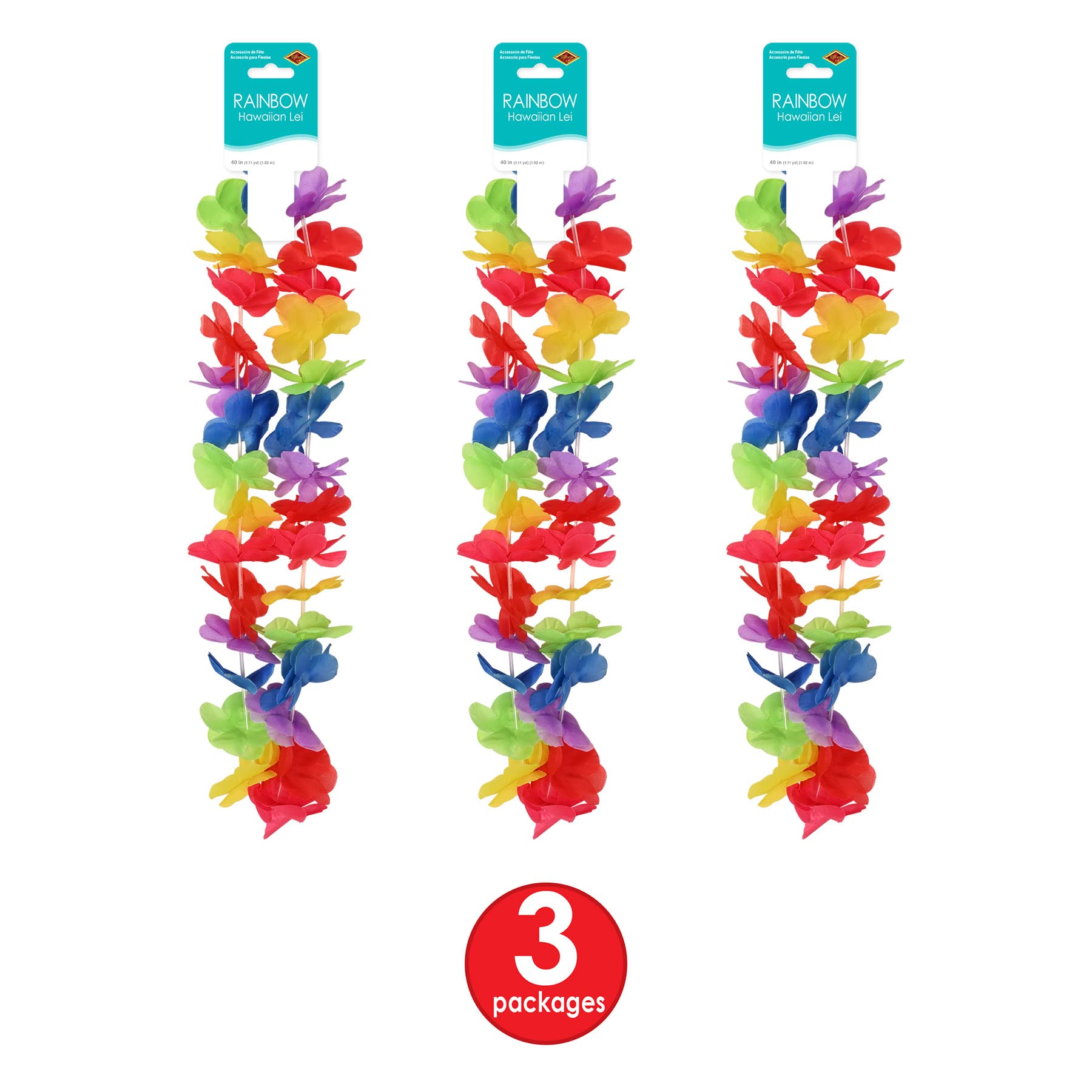 Beistle 3 Piece 40" Floral Rainbow Hawaiian Leis For Tropical Luau Party Supplies And Favors