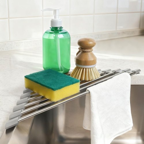 VAQULION Triangle Dish Drying Rack, Sink Caddy for Top of Sink Rack, Stainless Steel Roll-Up Over The Sink Drainer, Foldable Sponge Holder for Kitchen Sink Organizer, Non-Slip Silicone, Space-Saving