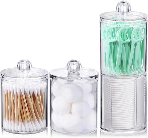 AOZITA Acrylic Qtip Holder Dispenser Set - 4 Clear Plastic Jars for Cotton Swabs & Vanity Organization