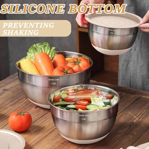 **Regine Switzerland Mixing Bowls Set - 26PCS Stainless Steel with Airtight Lids & Grater Attachments | Non-Slip Bottoms**