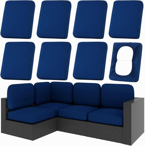 Hyha Patio Cushion Covers - 8Pcs Stretch Washable Outdoor Sofa Slipcovers | Navy, Elastic Bottom
