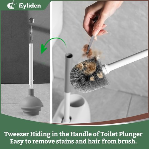 Eyliden Toilet Plunger & Brush Set, Upgrade 3-Step Suction Cup - Ultra-Tight Seal, Durable, Space-Saving Toilet Deep Cleaning Combo with Holder, Bathroom Essentials, White & Grey, Nylon Bristles