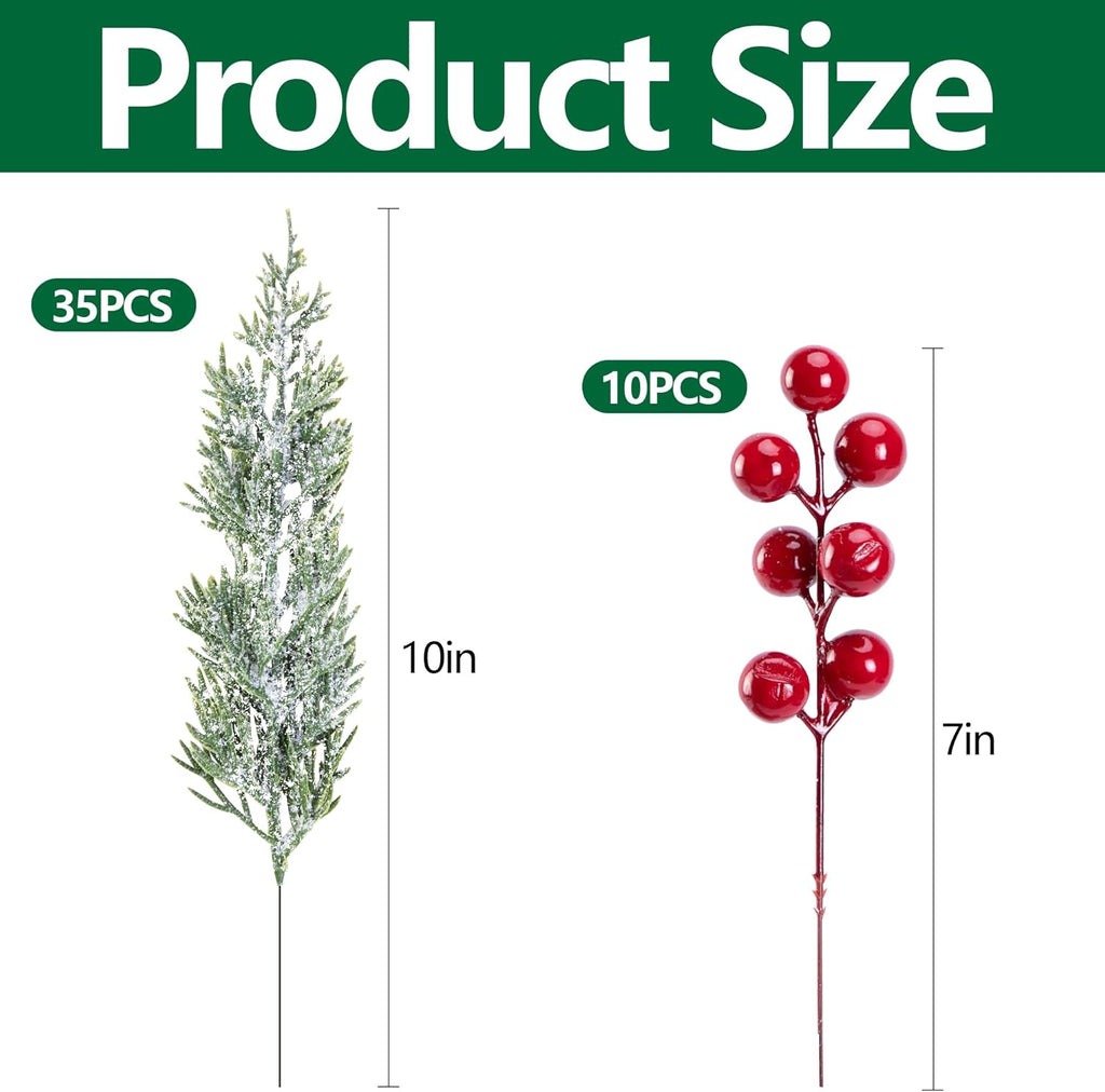 Skiennix 45 Pcs Artificial Christmas Snow Pine Branches - Snowy Faux Greenery with Red Berry Stems for Festive Home Decor