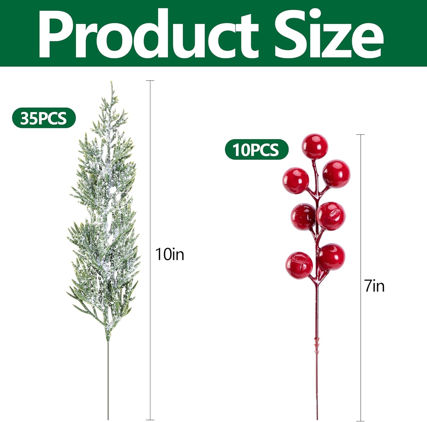 Skiennix 45 Pcs Artificial Christmas Snow Pine Branches - Snowy Faux Greenery with Red Berry Stems for Festive Home Decor