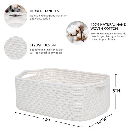 CubesLand Small Cotton Rope Basket - Cute & Durable Organizer for Toys, Bathroom, Closet | White
