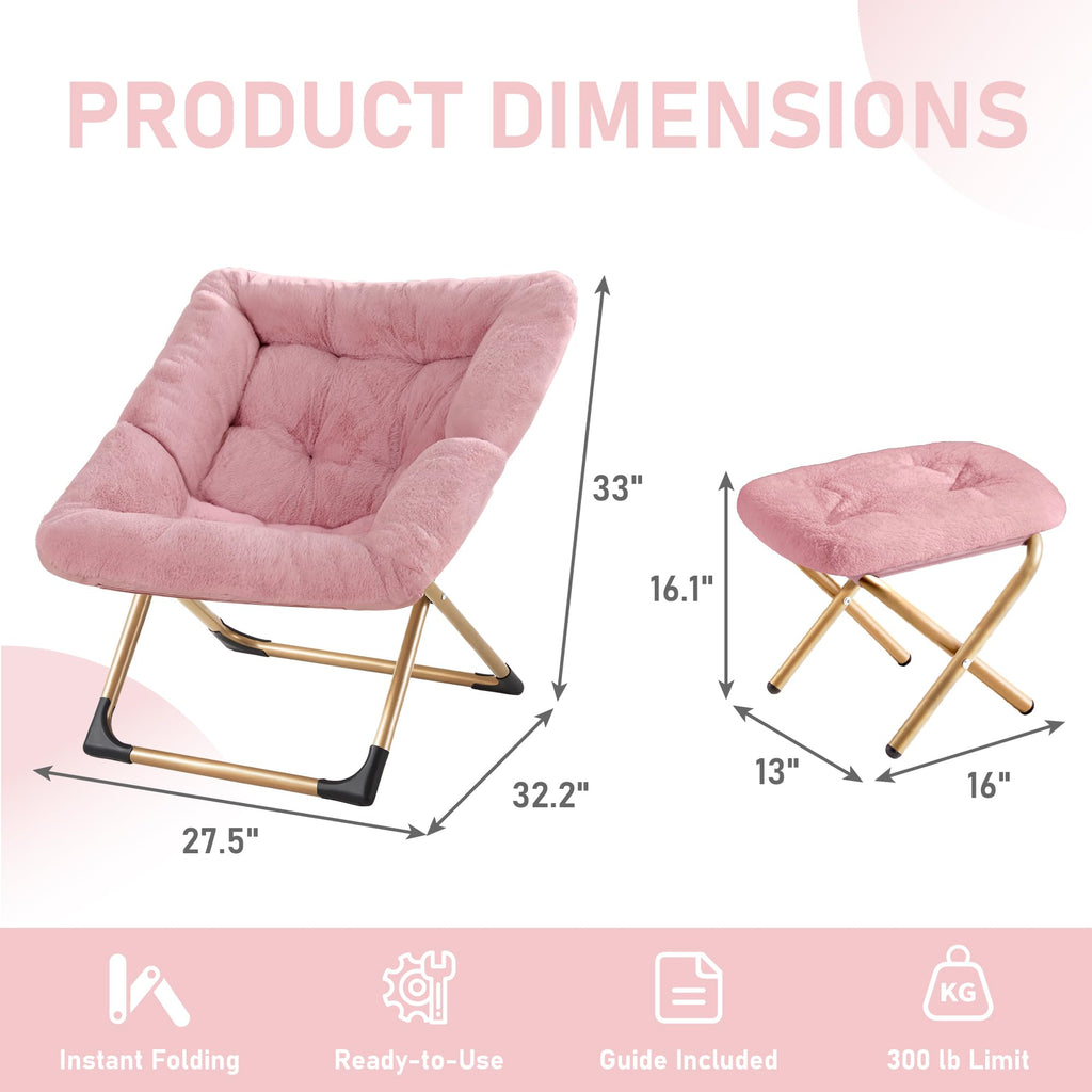 Youtanic Comfy Oversized Saucer Chair with Ottoman,Soft Faux Fur Reading Lounge Chair for Adults,Stable X-Large Metal Frame and Non-Slip Pad,Cozy Chair for Bedroom, Living Room, Dorm, Office, Pink