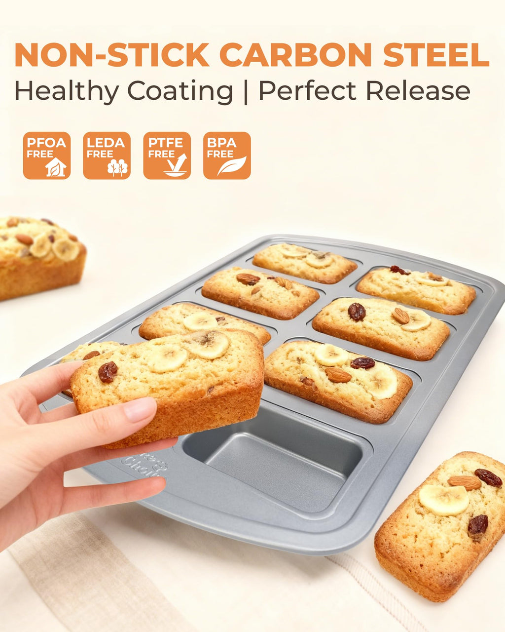 Bake Choice Mini Loaf Pan, 8-Cavity Non-Stick Carbon Steel Baking Pans Set for Banana Bread, Cornbread, Cheesecake, Muffins, Pound Cake, Small Meatloaf, Bread Pan