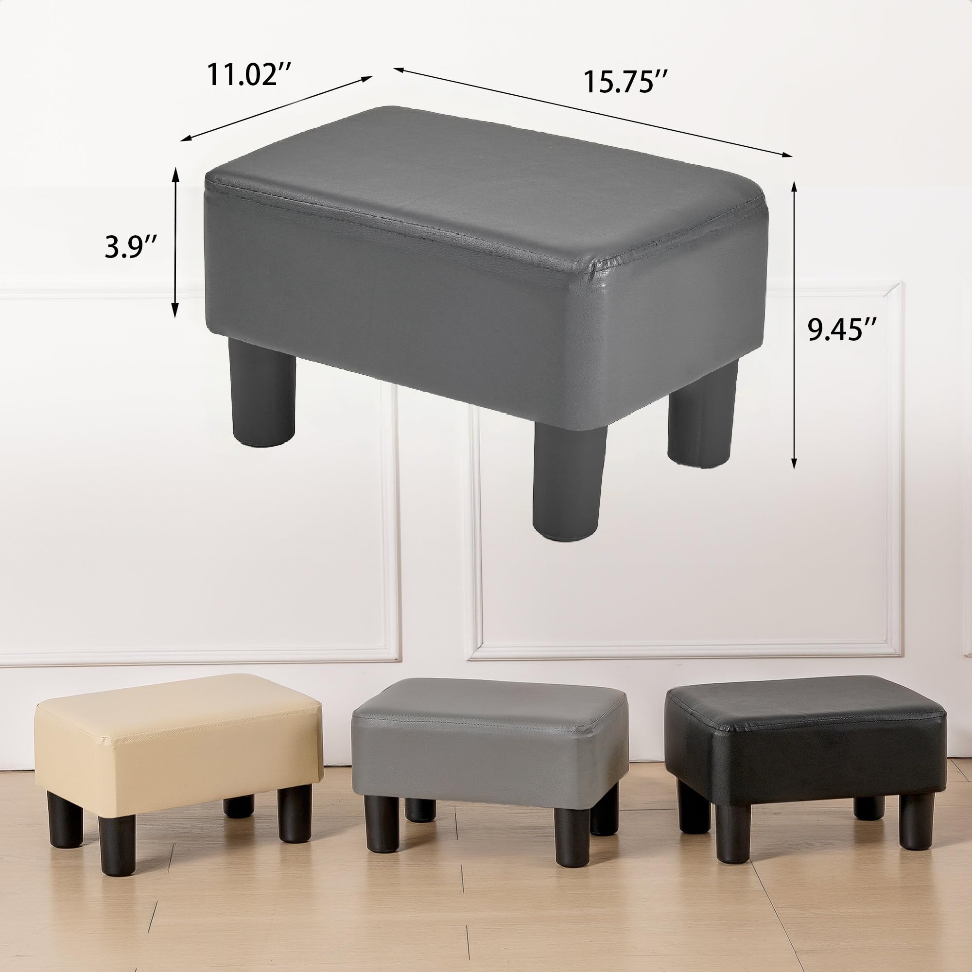 VECELO Small Foot Stool Ottoman, PU Foot Rest with Legs, Rectangle Footrest for Living Room Couch, Gray