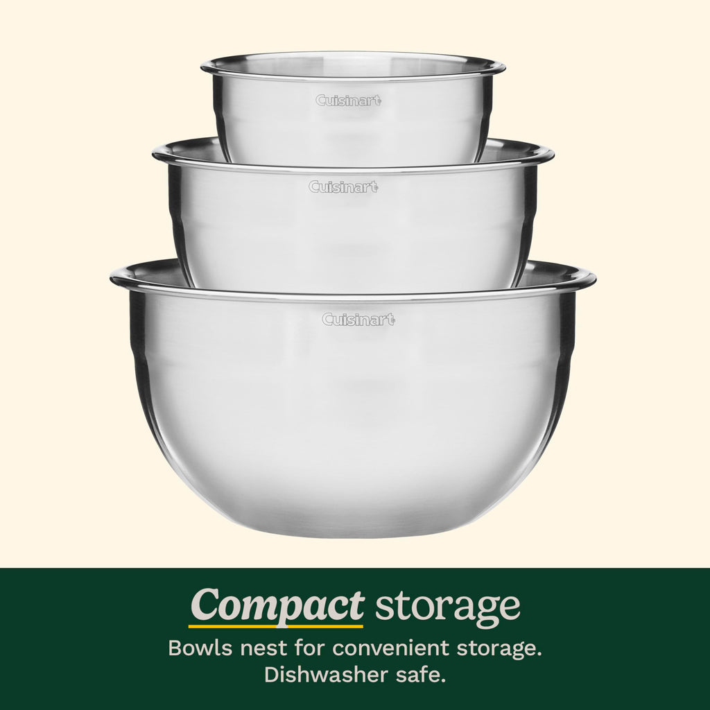 Cuisinart Mixing Bowl Set, Stainless Steel, 3‑Piece Nesting Bowls for Baking, Cooking & Food Prep, CTG-00-SMB