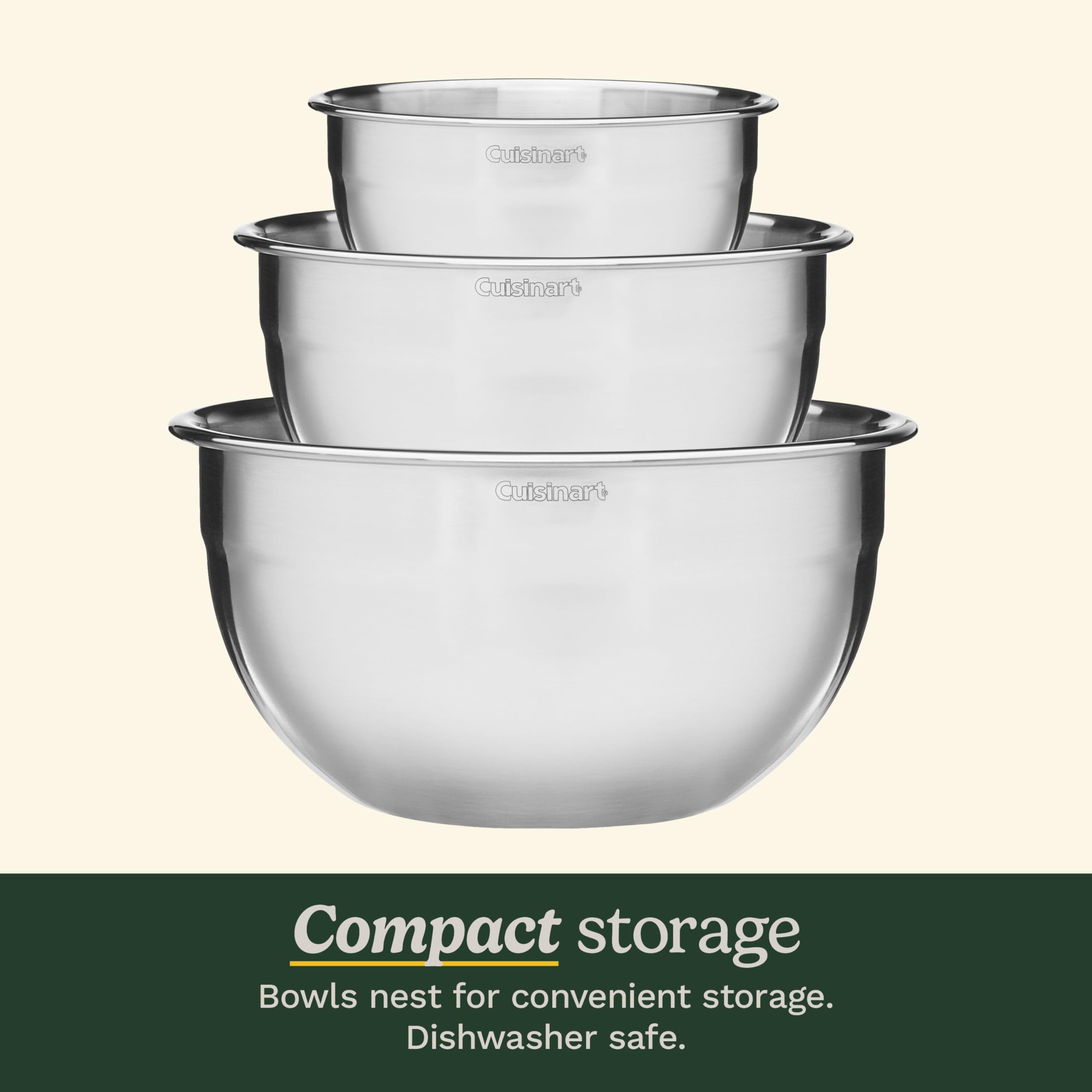 Cuisinart Mixing Bowl Set, Stainless Steel, 3‑Piece Nesting Bowls for Baking, Cooking & Food Prep, CTG-00-SMB