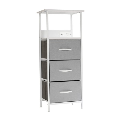 Flash Furniture Sodano 3-Drawer Nightstand with Charging Station, 2 USB Ports, 1 Outlet, Fabric Drawers, Wood Handles, Metal Frame, Gray/White