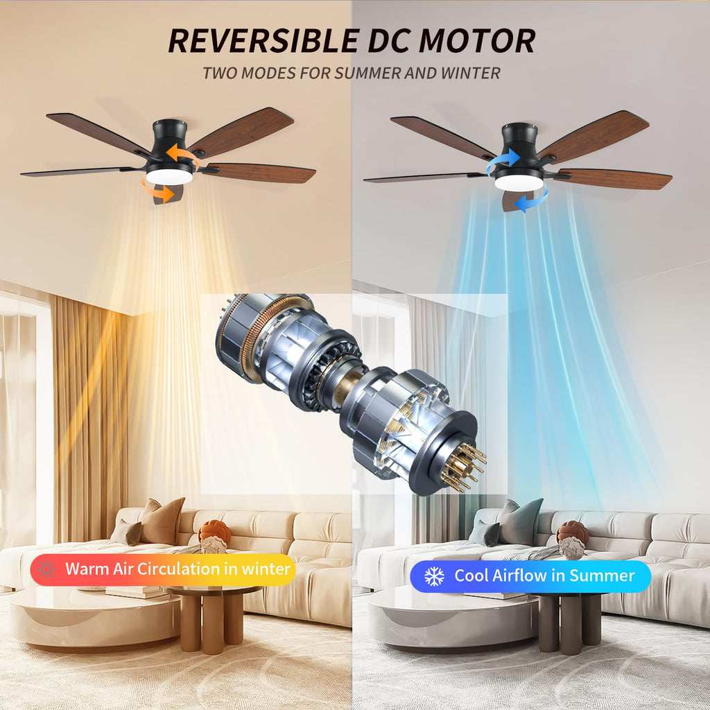 FUMLTP Ceiling fans with Lights, 54 In RGB Low Profile Indoor Ceiling fan with Light and Remote/App Control, Dimmable, Flush Mount, DC Reversible Motor, Noiseless Modern Ceiling Fan For Bedroom（Brown）