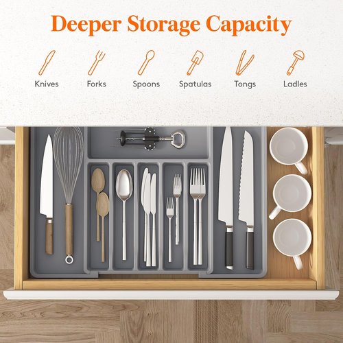 Lifewit Expandable Silverware Drawer Organizer - BPA-Free Utensil Tray for Kitchen | Adjustable Gray 33-57 x 42cm