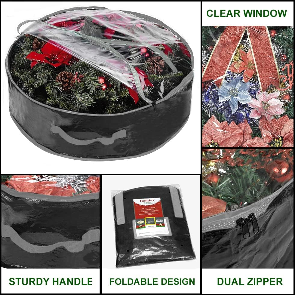 Propik Christmas Wreath Storage Bag - Tear Resistant Holiday Container with Clear Window | 36 Inch, Black - 2 Pack