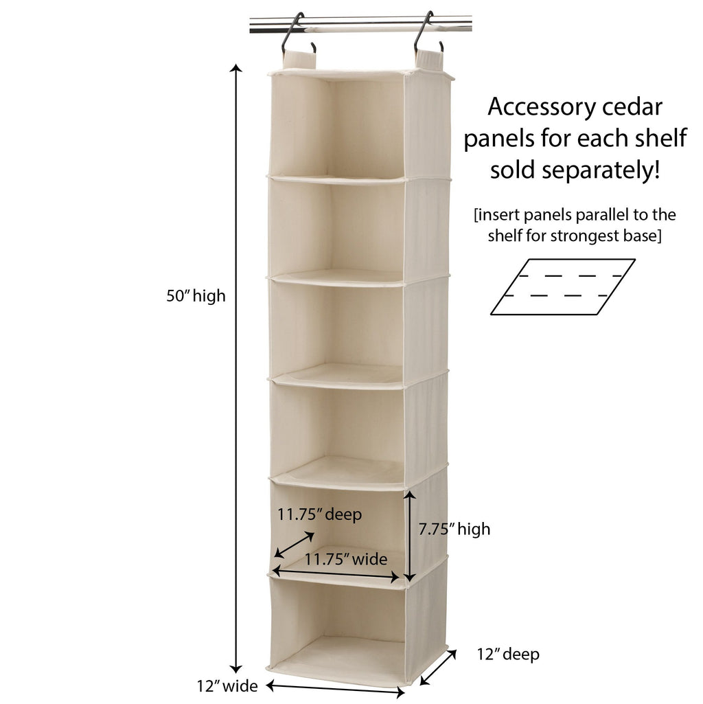 Household Essentials Cedarline 6-Shelf Hanging Closet Organizer, Heavy-Duty Cotton Canvas, Breathable, Versatile, Compact, Perfect for Rod or Wire Closets, Natural