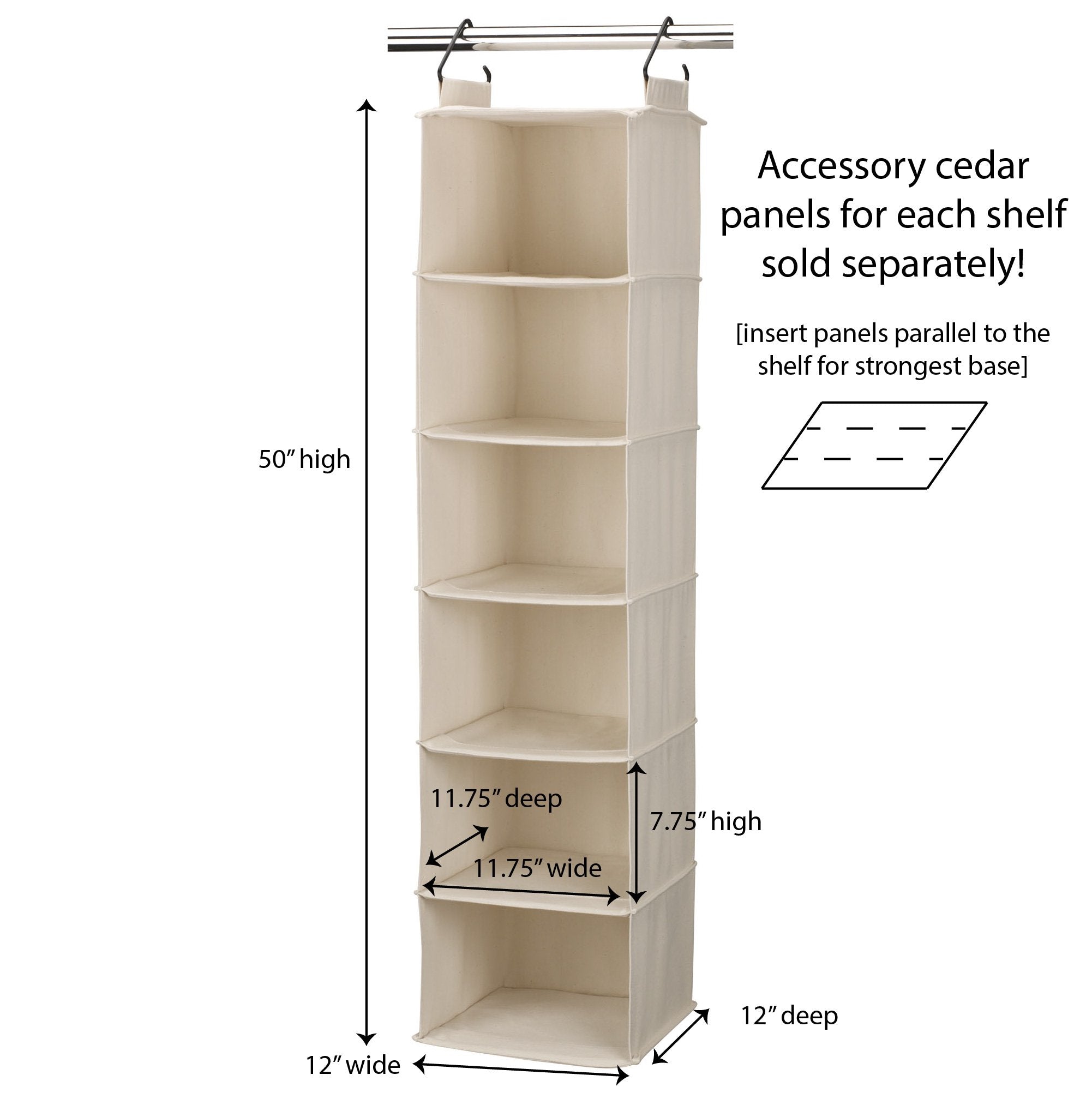 Household Essentials Cedarline 6-Shelf Hanging Closet Organizer, Heavy-Duty Cotton Canvas, Breathable, Versatile, Compact, Perfect for Rod or Wire Closets, Natural