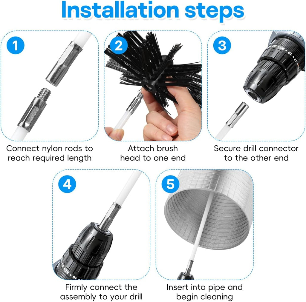 MAGICLULU Chimney Sweep Pro Kit - 30ft Interlocking Rods & 6” Dual Brush Heads | Efficient Dryer Vent Cleaner
