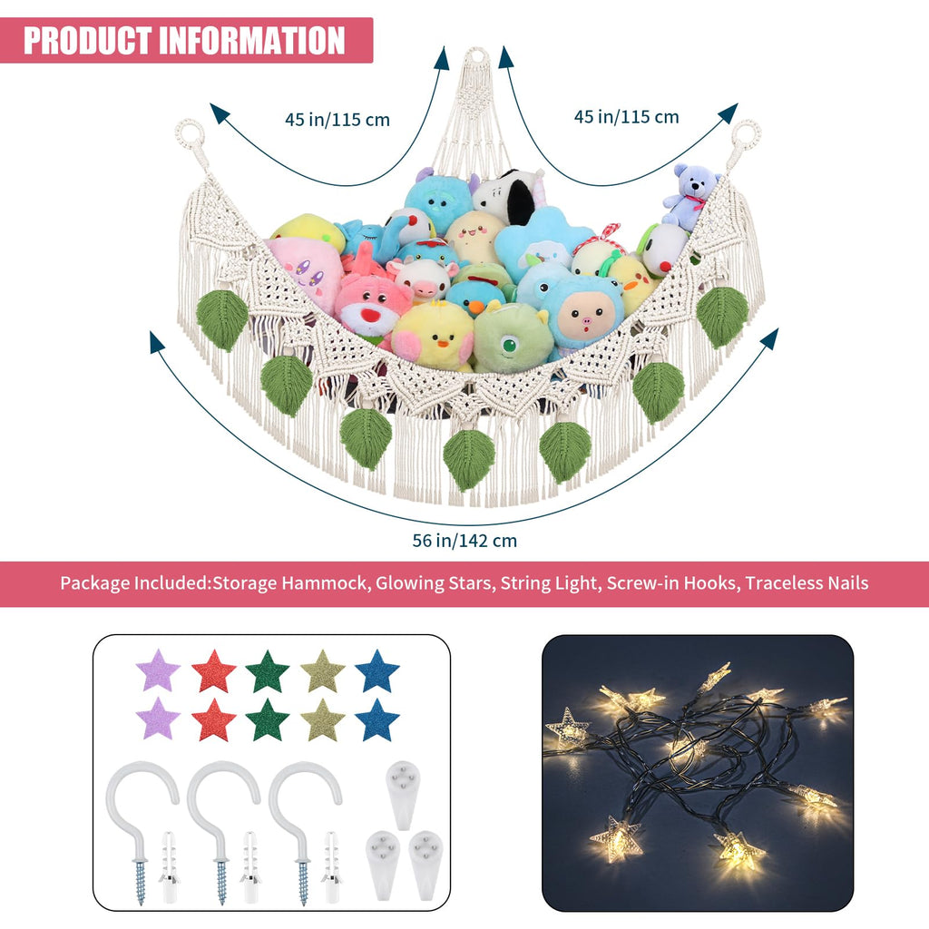 Stuffed Animal Hammock Corner w/LED Star Light, 56'' Jumbo Boho Tassel Leaf Hanging Stuffed Animal Net Holder, Cream Toy Hammock Plushie Net for Kid Girls Boys Gift Nursery Decor
