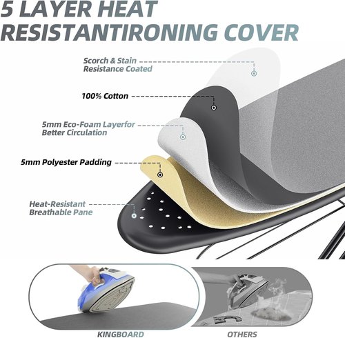KINGBOARD Ironing Board - Full-Size Compact Design with Extra Thick Cover & 7 Adjustable Heights | 13x43 Black