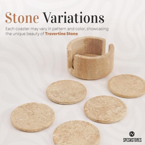 SPESHSTONES Marble Coasters Set of 6 Round 3.5 Inch Travertine Coaster for Drinks with Holder - Ideal Stone Drink Coasters for Coffee Bar Accessories, Gifts, Dining Table & Home Décor