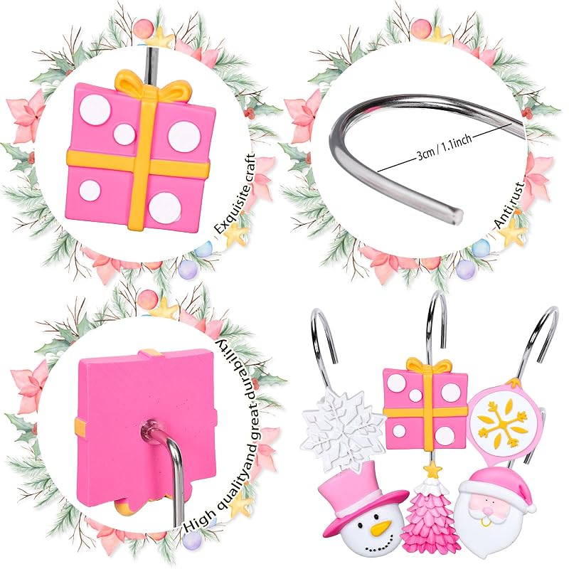 Christmas Shower Curtain Hooks 12Pcs Decorative Tree Snowflake Santa Snowman Hangers