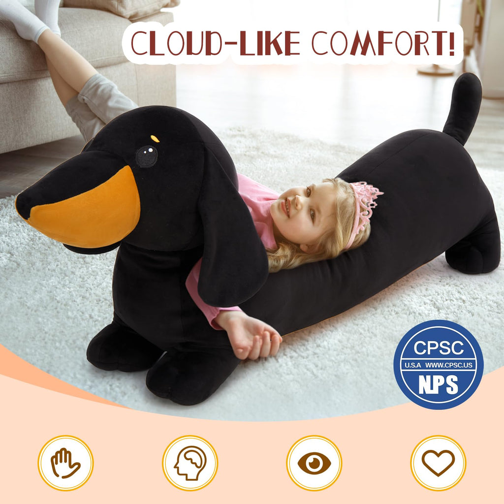 MorisMos Dachshund Stuffed Animal Plush 4ft, 43'' Long Weiner Dog Body Pillow for Kids Adults, Lifelike Weiner Dog Toy Designed in NYC, Realistic Black Dachshund Gift for Girl Boy Toddler Women