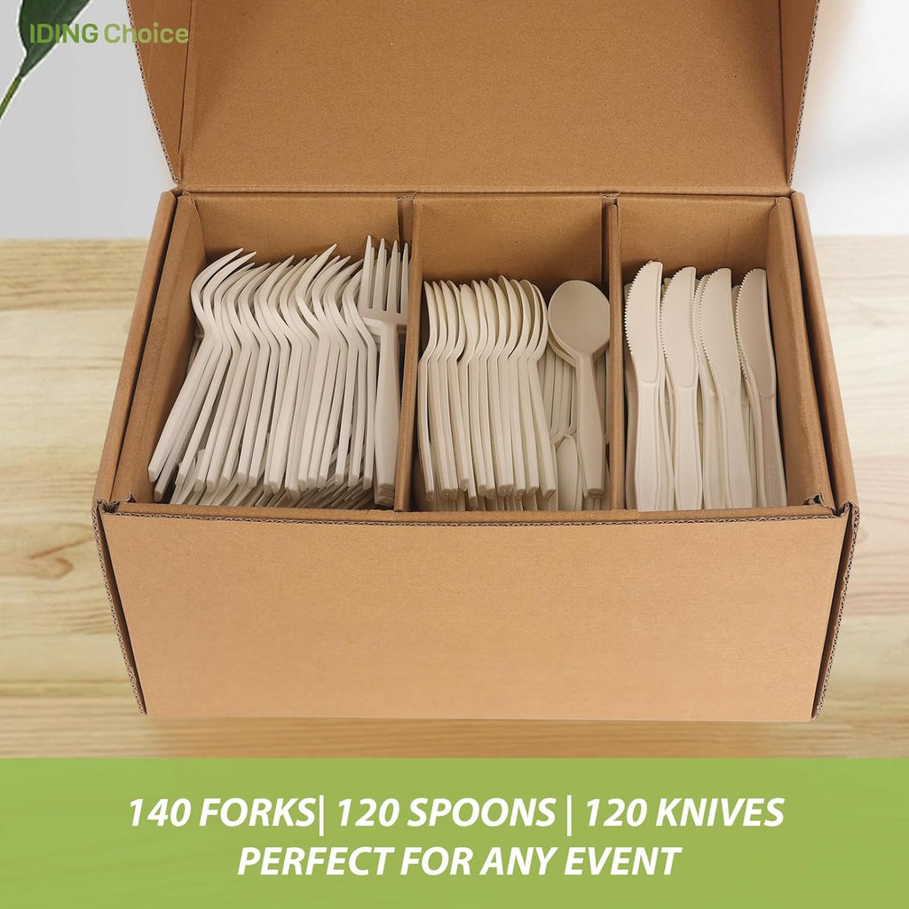 Skiennix 380 Count Heavy Duty Compostable Cutlery Set - Eco-Friendly Silverware for Events | Forks, Spoons & Knives