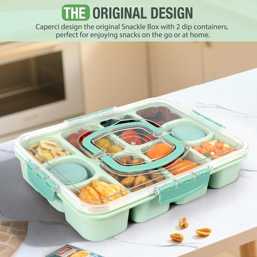 Caperci 2 Pack Snackle Box Container - Portable 10 Compartment Divided Snack Serving Tray with Lid & Handle, Built-in 4 Leak-Proof Sauce Containers, Dishwasher Safe, BPA-Free(Mint Green)