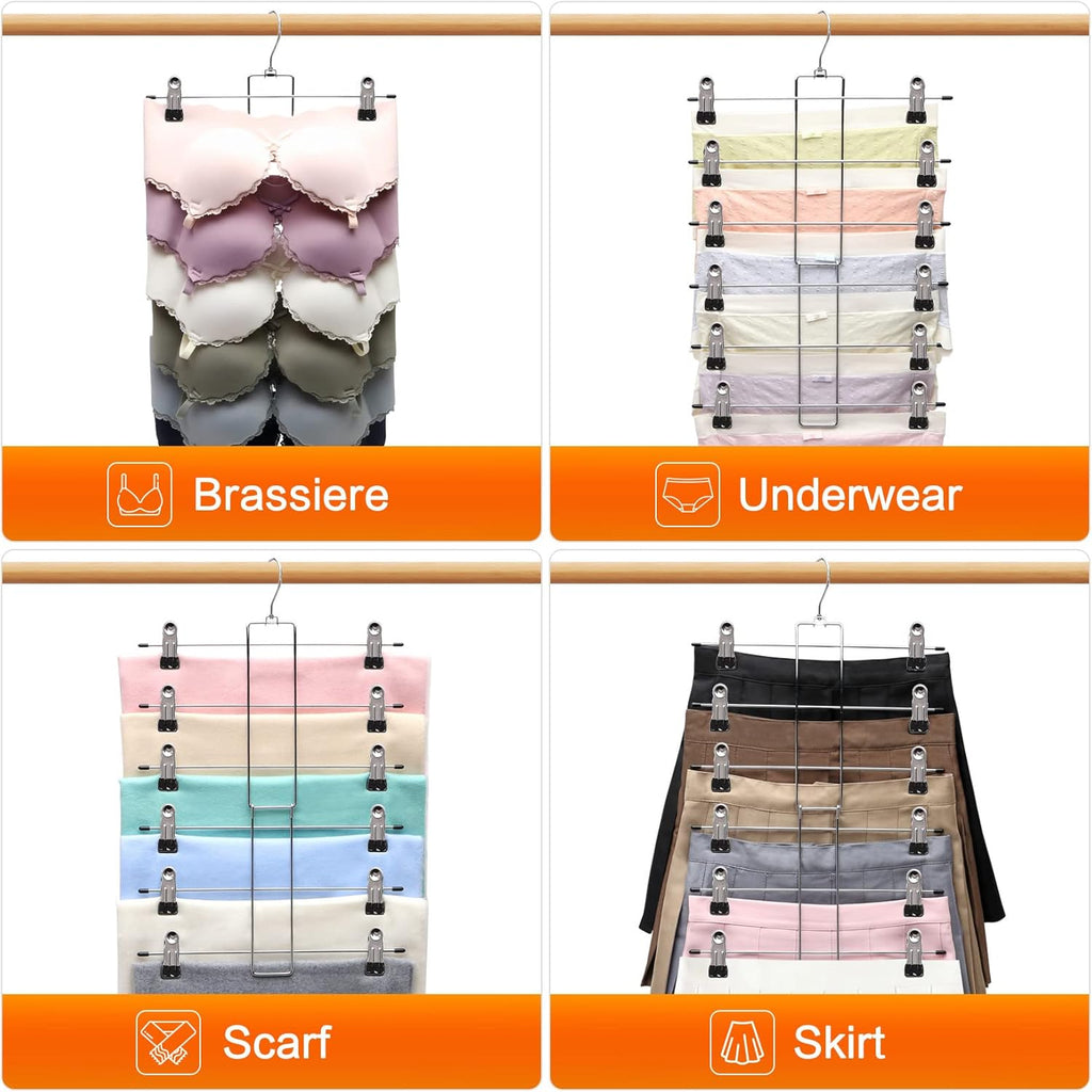 Skiennix 3-Pack Pants Hangers - Space-Saving 6-Tier Closet Organizers with Clips | Essential Storage for Jeans & Scarves