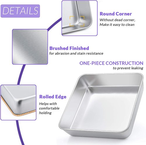 E-far Baking Pan Set | 8 x 8-Inch Square Stainless Steel Bakeware | Non-Toxic & Dishwasher Safe, Set of 3