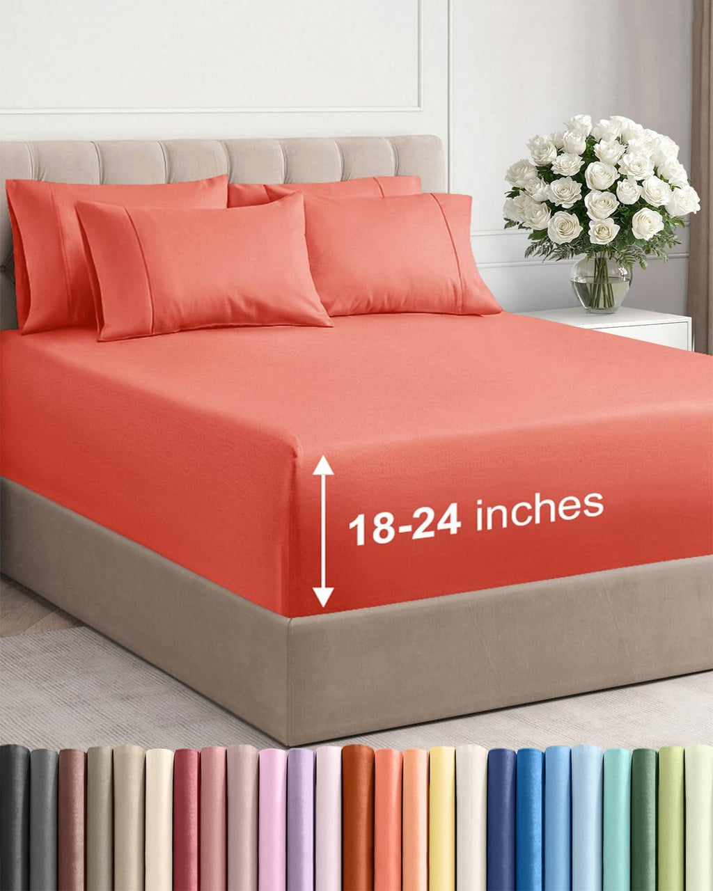 Skiennix Extra Deep Cal King Sheet Set - 6 Piece Breathable Cooling Bedding - Soft Wrinkle-Free Coral