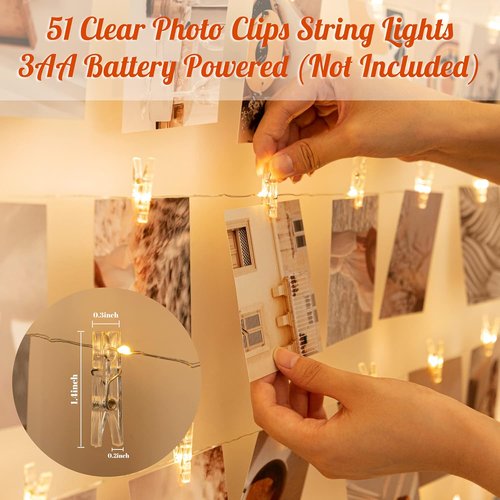 LUSHARBOR Fairy String Lights - 51 Clear Photo Clips for Battery Operated Room Decor | Ideal for Dorms & Bedrooms