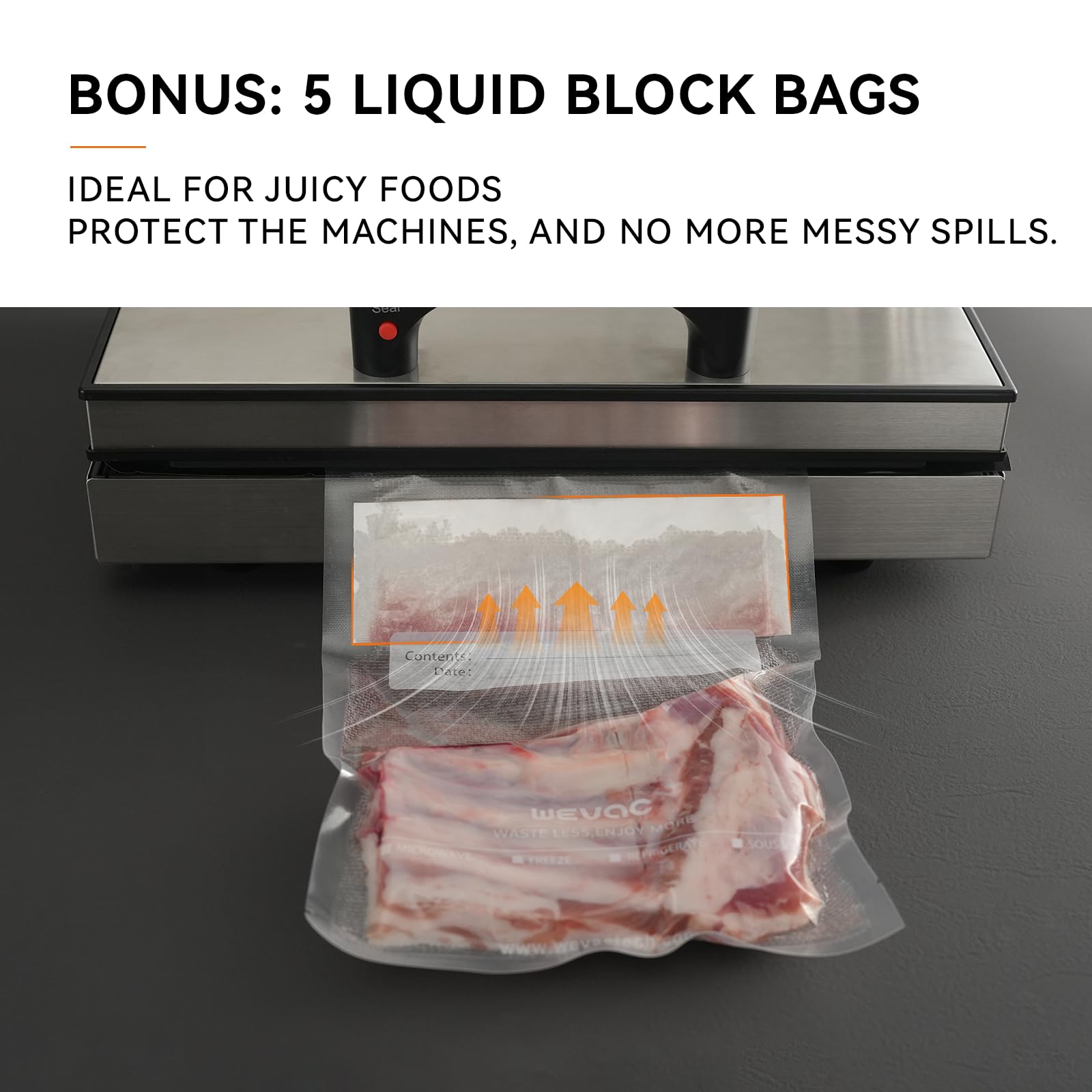 Wevac 11" x 16" Precut Vacuum Sealer Bags, 100 Count, Includes 5 Liquid Block Bags & 5 Bone Guard Pieces, Heavy Duty for Food Storage, Sous Vide & Meal Prep