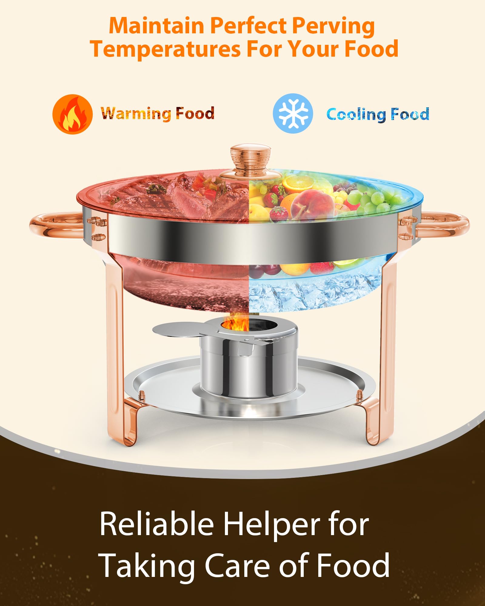 Chafing Dish for Buffet 2 Pack, 5 QT Round Chafing Dishes Buffet Set w/Lid Holder, Stainless Steel Chafers and Food Warmers with Spoon and Tweezers for Parties, Weddings, Events, Banquet, Rose Gold