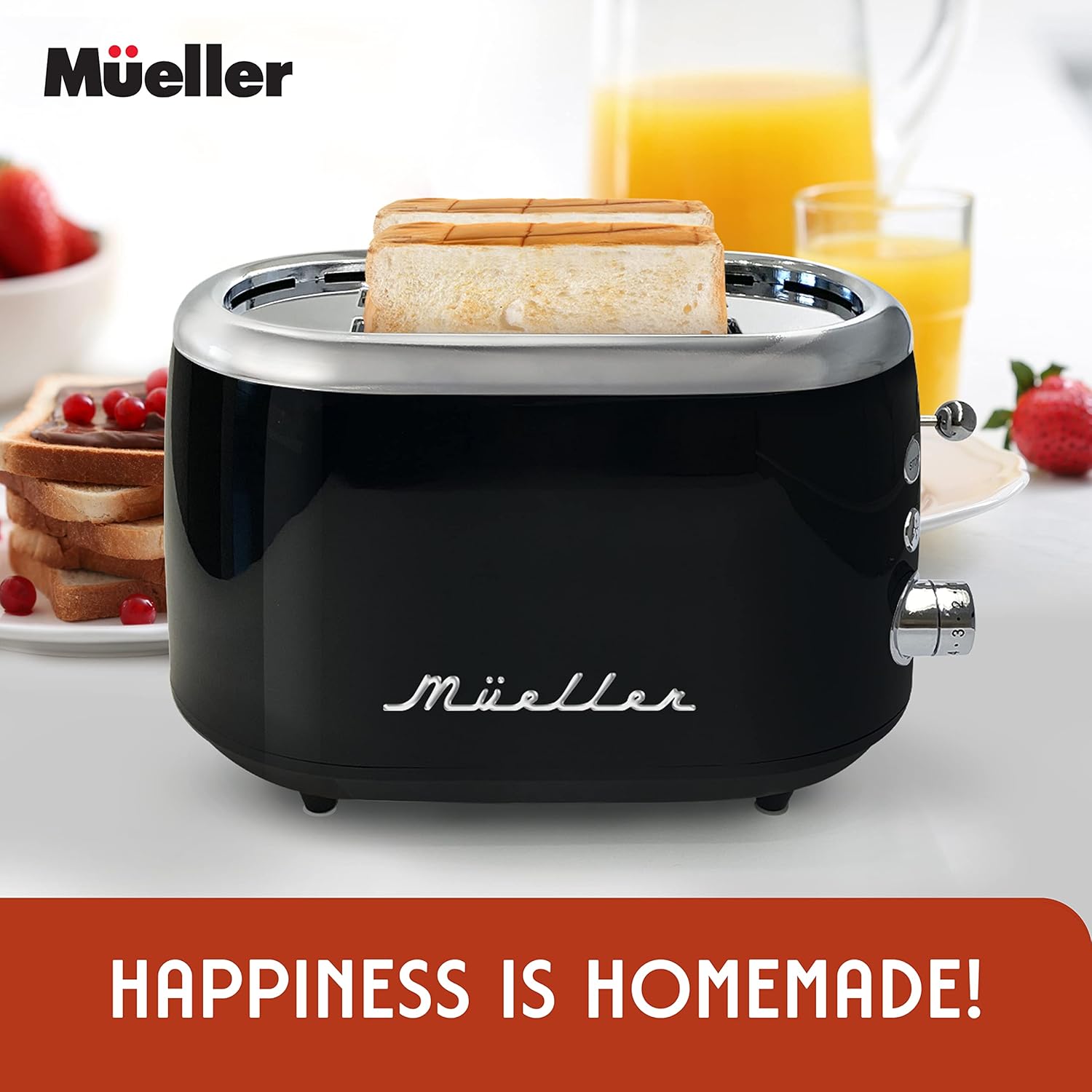 MUELLER HOME Retro Toaster - 2 Slice with 7 Browning Levels & 3 Functions | Stainless Steel, Black