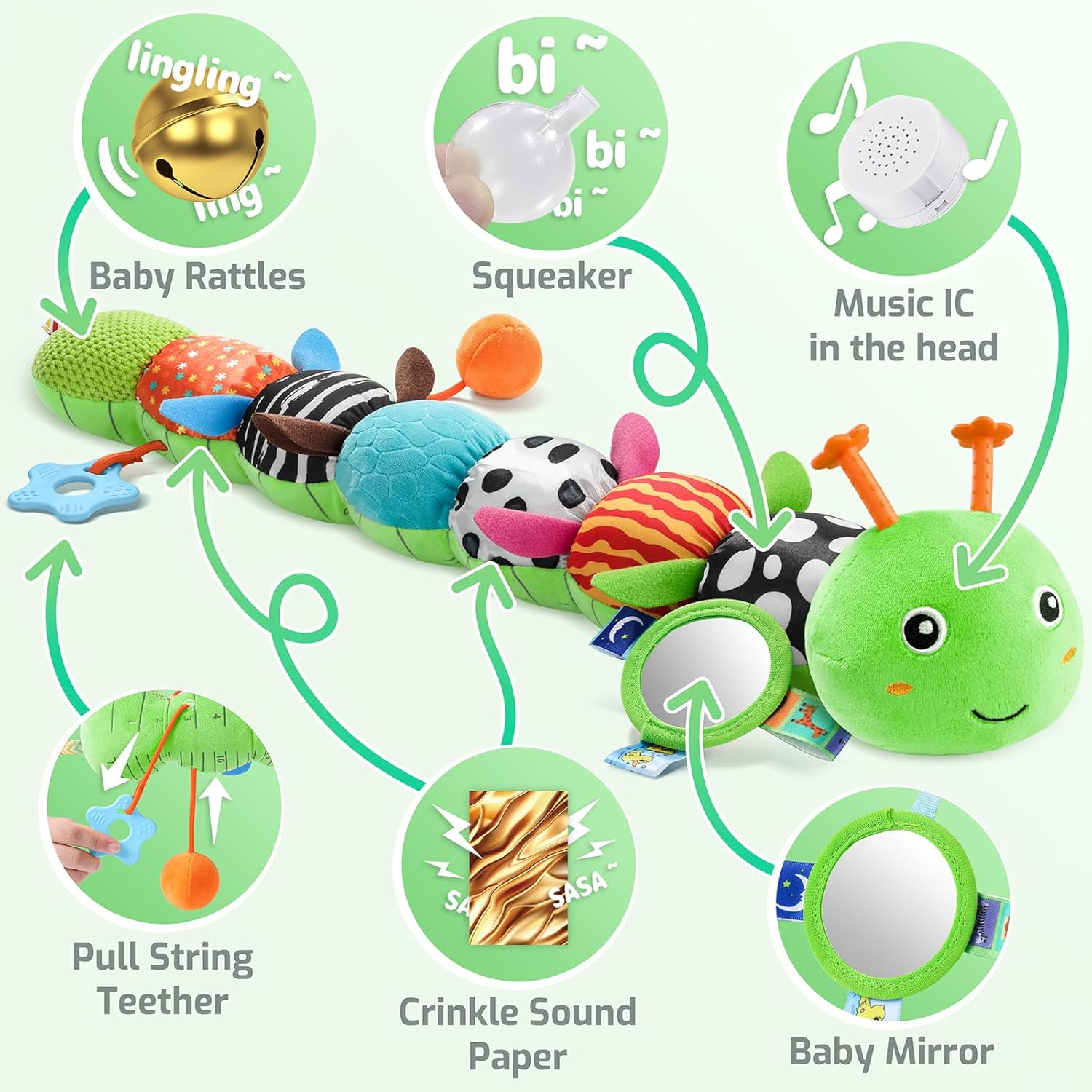 Sumobaby Music Caterpillar Plush Toy - Infant Teething & Tummy Time Rattle | Green Leaf, 0-12 Months