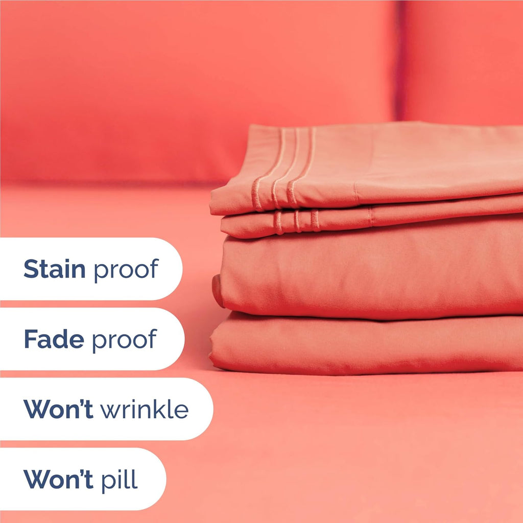 Skiennix Twin XL Sheet Set - Comfy Breathable Cooling Bedding - Ultra-Soft Coral Color, Deep Pockets