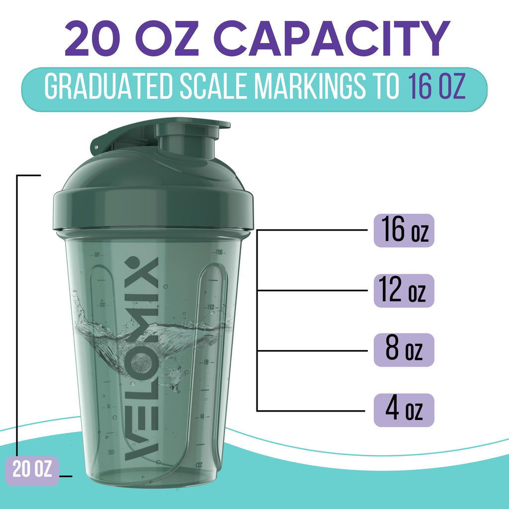 VELOMIX -4 PACK- 20 oz Protein Shaker Bottle for Protein Mixes - 4x Wire Whisk | Leak Proof Shaker Cups for Protein Shakes | Stackable Protein Shaker Bottle Pack | Dishwasher Safe (Blue Mirage)