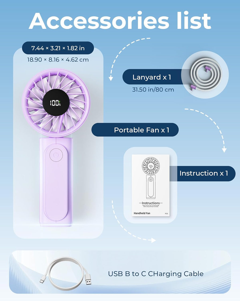 Peiyuu Portable Fan - 4000mAh USB Rechargeable Mini Desk Fan with 6 Wind Speeds & LCD Display | Ultra Quiet, Foldable Design