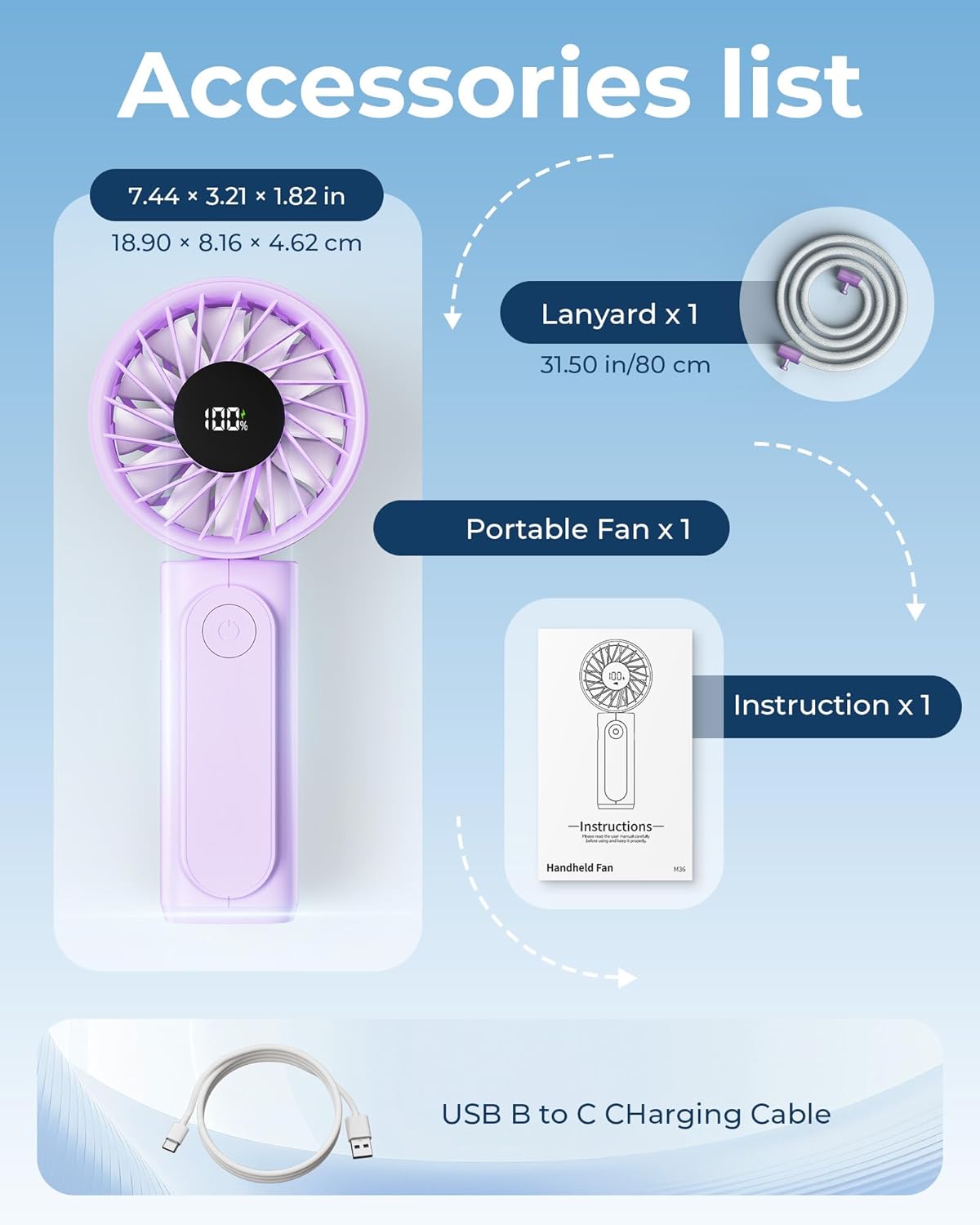 Peiyuu Portable Fan - 4000mAh USB Rechargeable Mini Desk Fan with 6 Wind Speeds & LCD Display | Ultra Quiet, Foldable Design