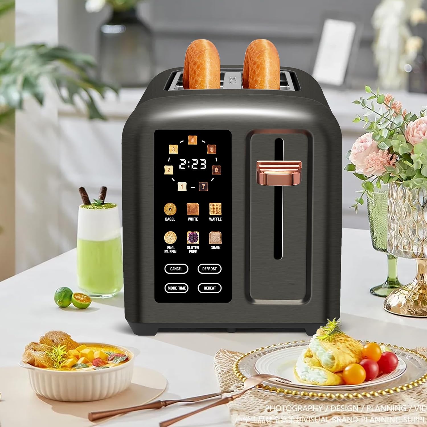 SEEDEEM 2-Slice Toaster - Touch Control LCD Display, 50% Faster Heating, 1.4'' Wide Slots, Dark Metallic