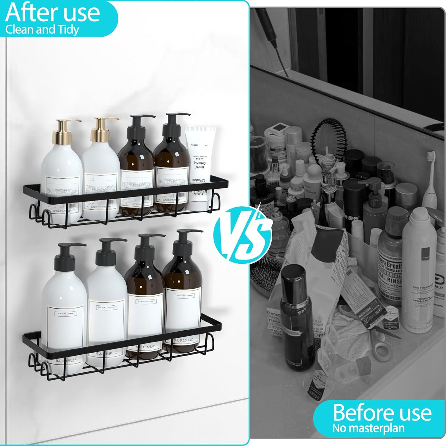 Shower Caddy Organizer - Self-Adhesive Bathroom Shelves with Hooks | No Drilling, 2 Pack Black
