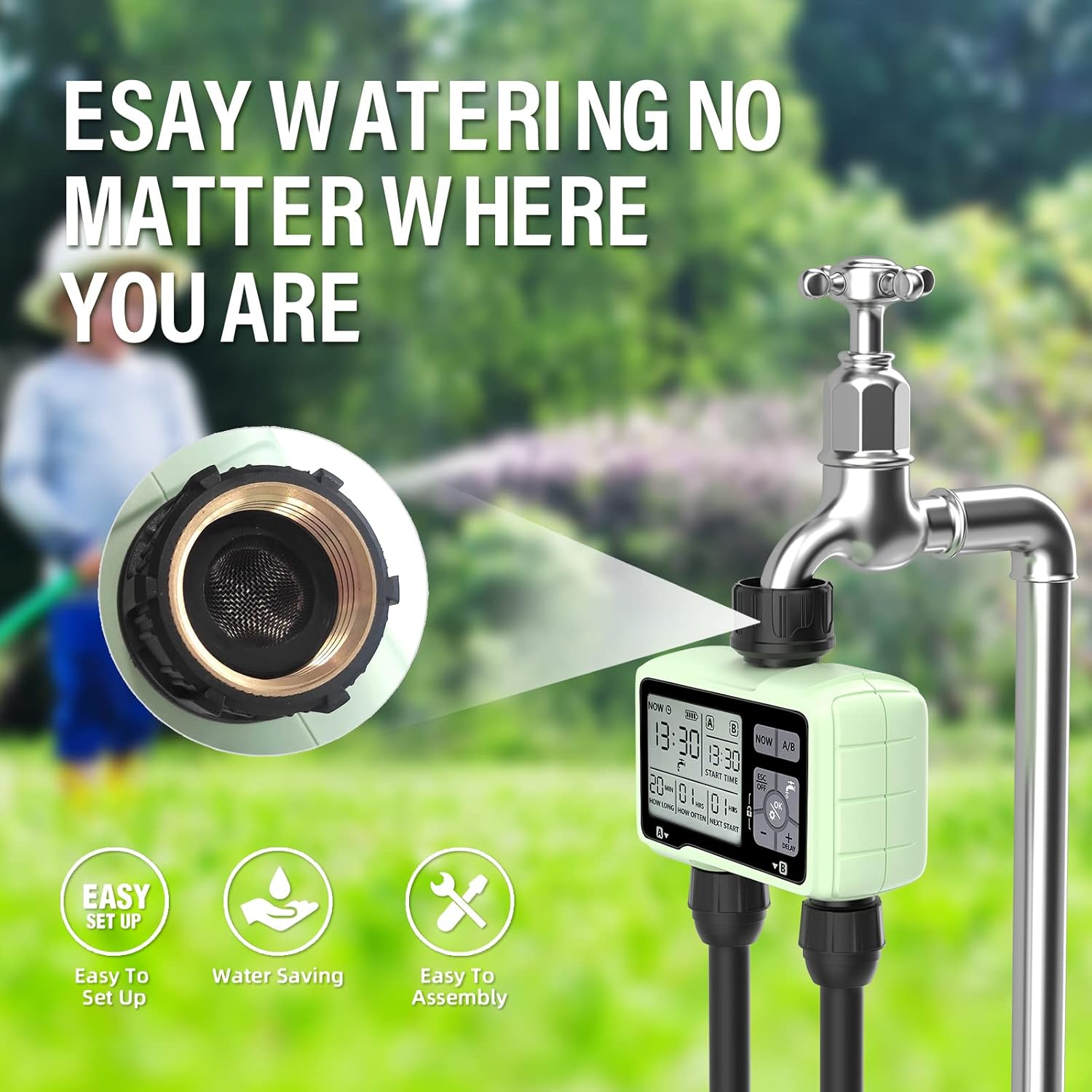 SOYUS Programmable Outdoor Garden Hose Timer - Waterproof Digital Irrigation System with 2 Outlets